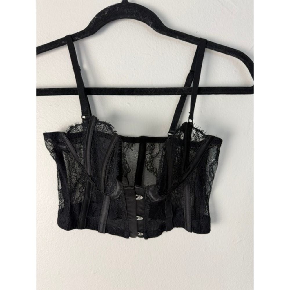 Black Lace Corset Crop Top Bustier Sheer Boned Hook Eye Front Small